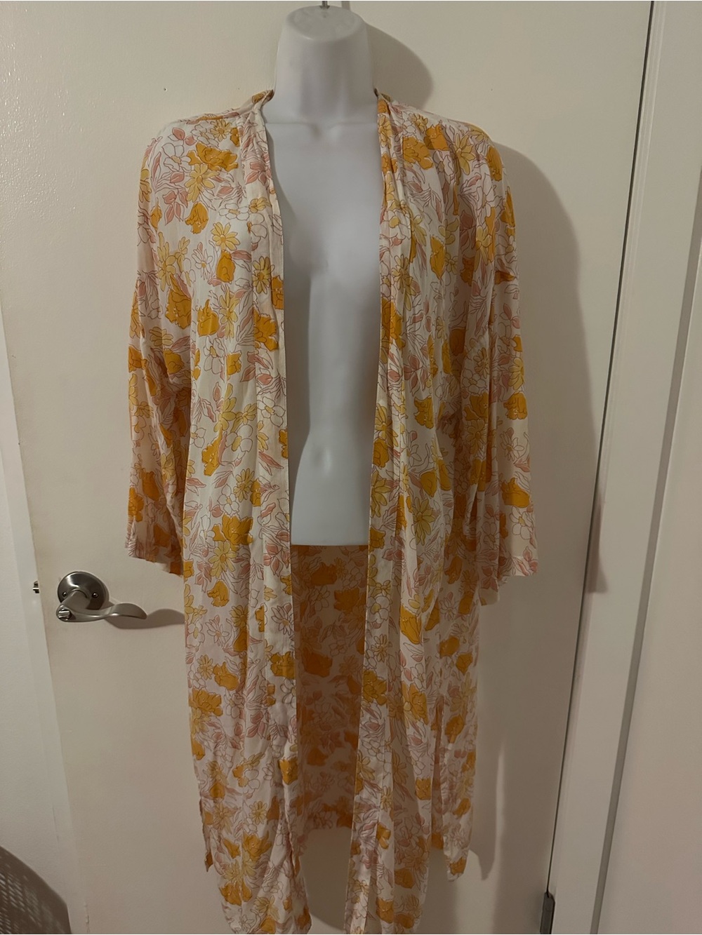 LOFT Sheer Floral Kimono Robe in Yellow and Cream